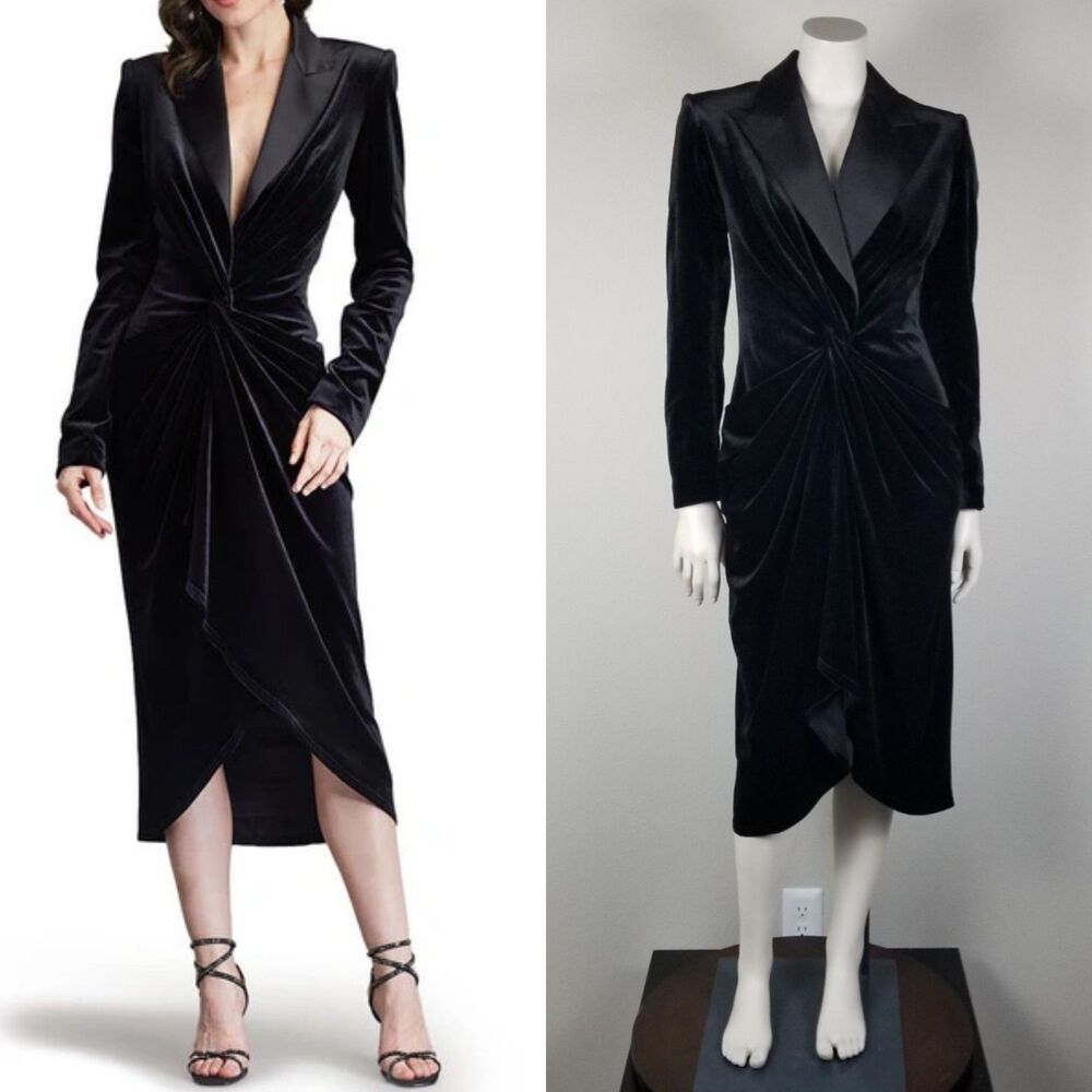 Tadashi Shoji Black Atike Long Sleeve Velvet Cocktail Tuxedo Midi Dress Size XS